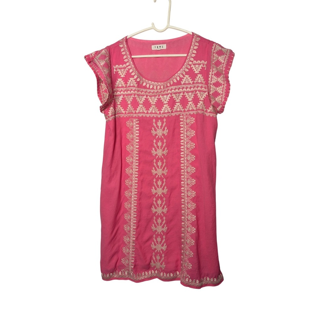 THML Womens Embroidered Shift Dress Large Pink Flutter Sleeve Boho Coquette